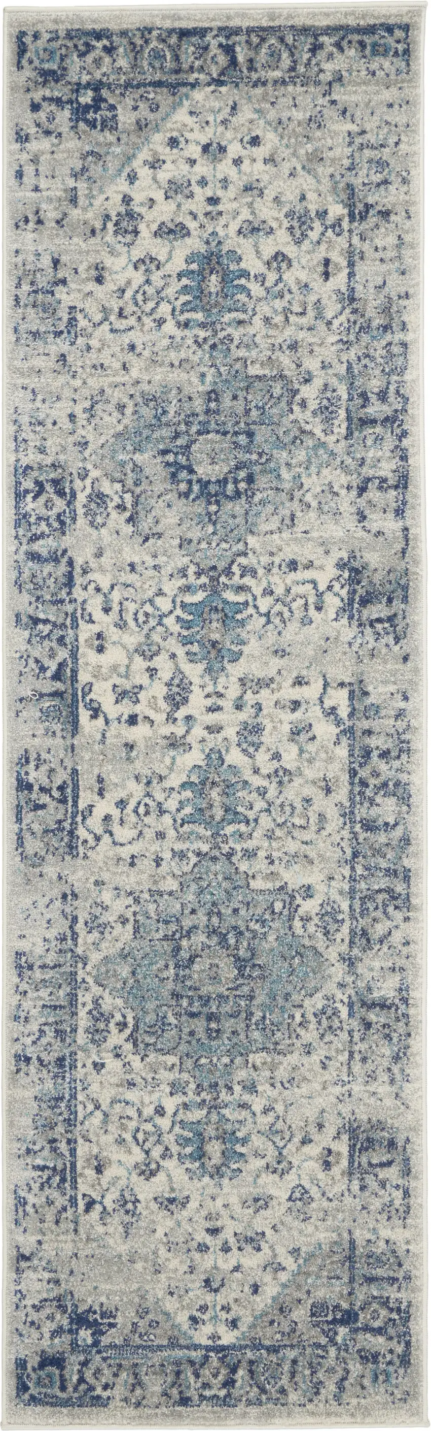 7' Ivory And Light Blue Floral Medallion Distressed Runner Rug Photo 2