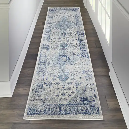 7' Ivory And Light Blue Floral Medallion Distressed Runner Rug Photo 5