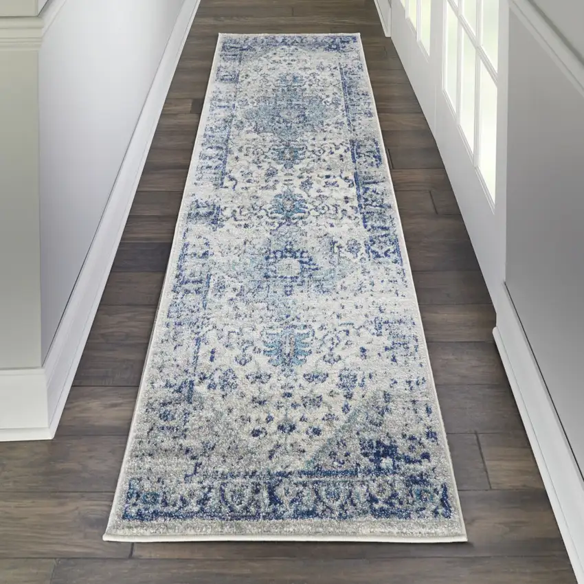 7' Ivory And Light Blue Floral Medallion Distressed Runner Rug Photo 5