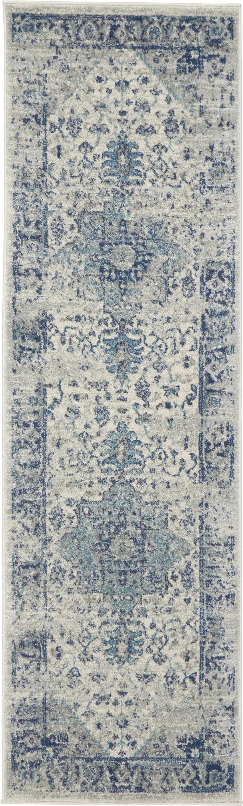 7' Ivory And Light Blue Floral Medallion Distressed Runner Rug Photo 8