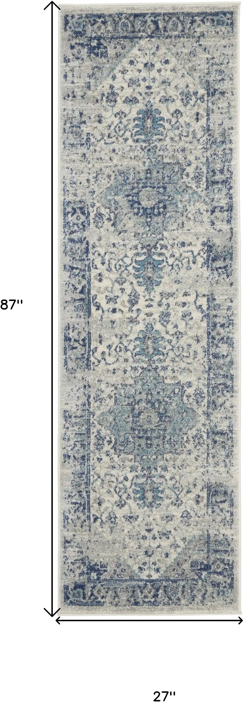 7' Ivory And Light Blue Floral Medallion Distressed Runner Rug Photo 3