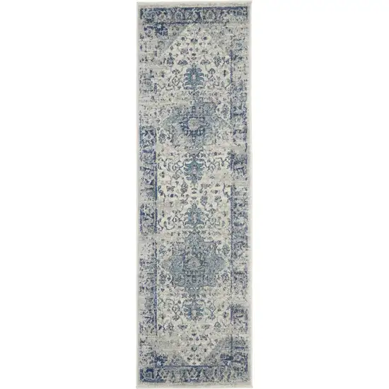 7' Ivory And Light Blue Floral Medallion Distressed Runner Rug Photo 8