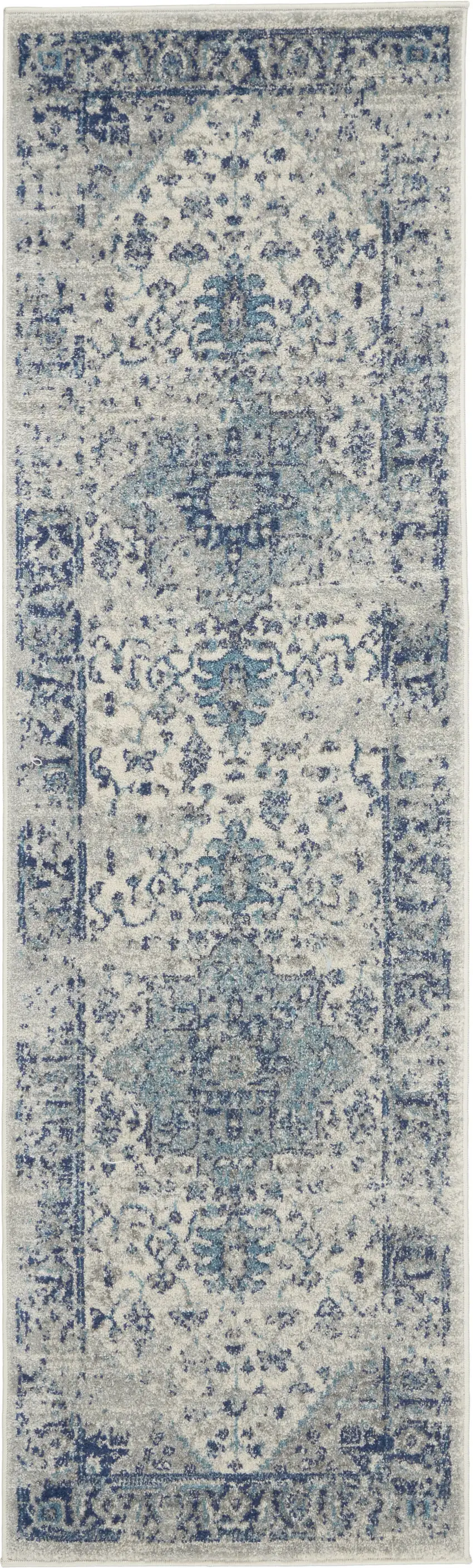 7' Ivory And Light Blue Floral Medallion Distressed Runner Rug Photo 8