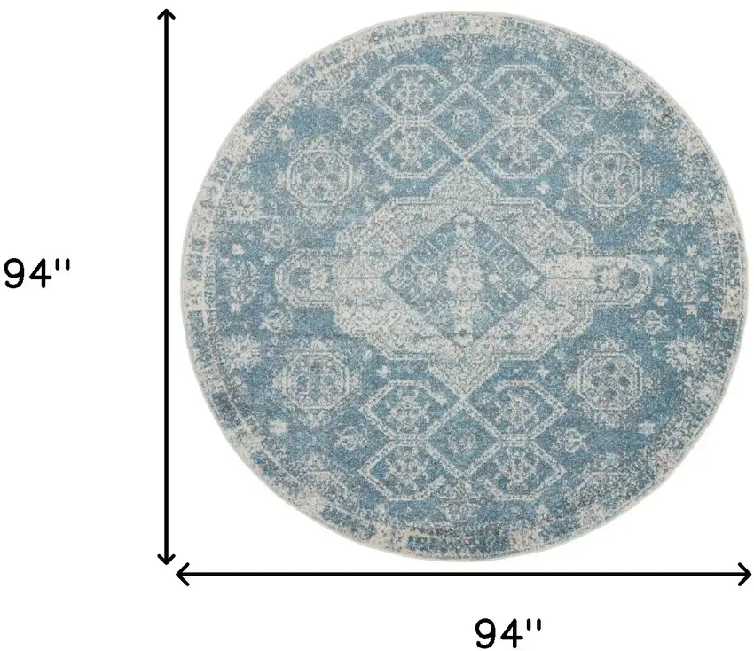 8' Ivory And Light Blue Geometric Distressed Round Rug Photo 3