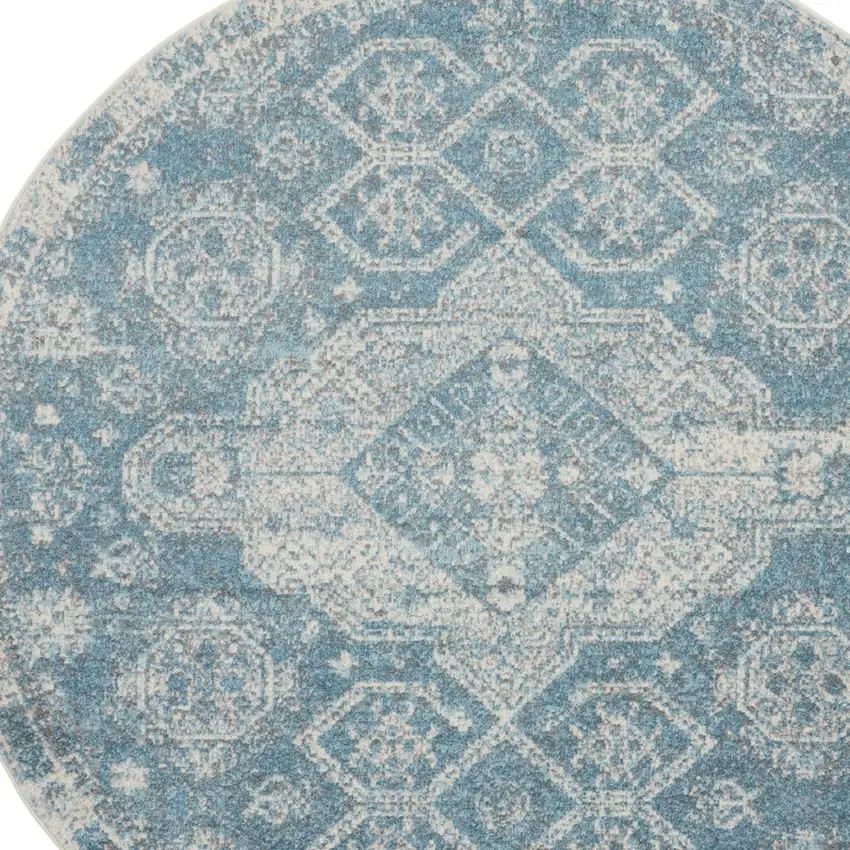 8' Ivory And Light Blue Geometric Distressed Round Rug Photo 5