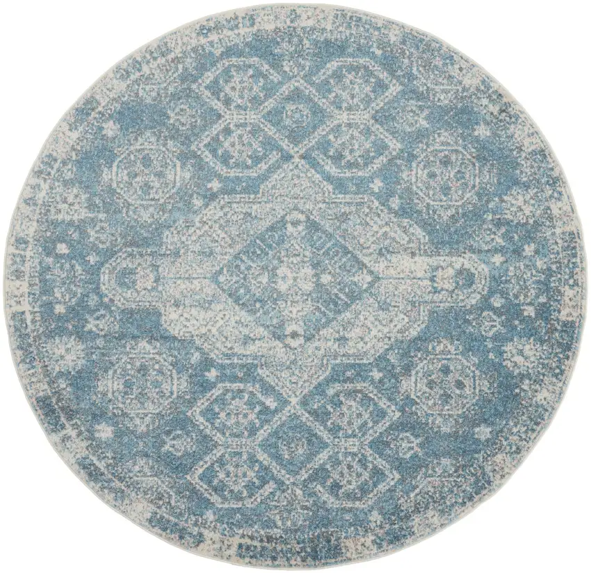 8' Ivory And Light Blue Geometric Distressed Round Rug Photo 2