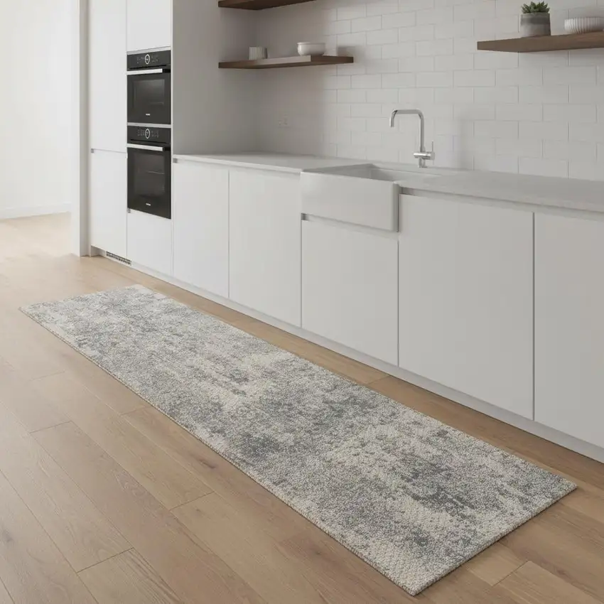 8' Ivory And Light Gray Abstract Runner Rug Photo 1