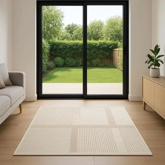 6' Ivory And Light Taupe Geometric Runner Rug Photo 1