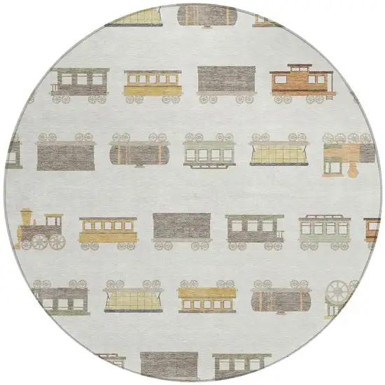 8' Ivory And Linen Round Abstract Washable Indoor Outdoor Area Rug Photo 3