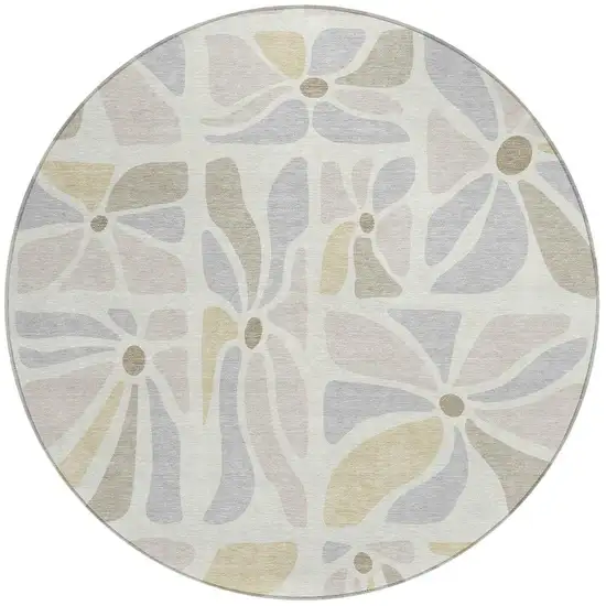 8' Ivory And Linen Round Floral Washable Indoor Outdoor Area Rug Photo 3