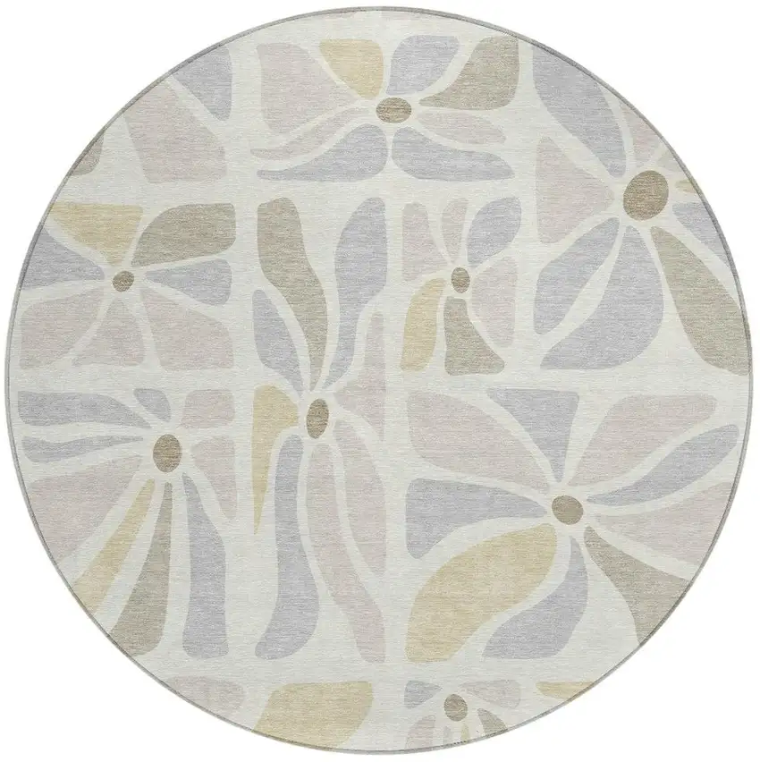8' Ivory And Linen Round Floral Washable Indoor Outdoor Area Rug Photo 3