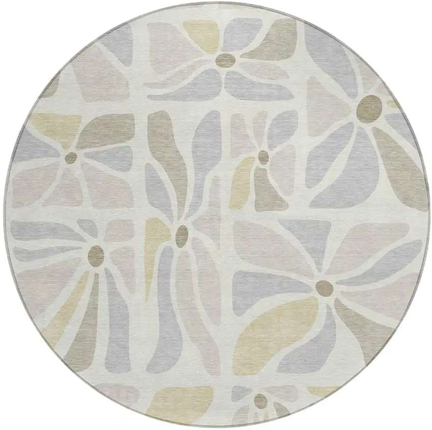 8' Ivory And Linen Round Floral Washable Indoor Outdoor Area Rug Photo 1