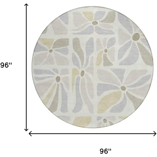 8' Ivory And Linen Round Floral Washable Indoor Outdoor Area Rug Photo 6