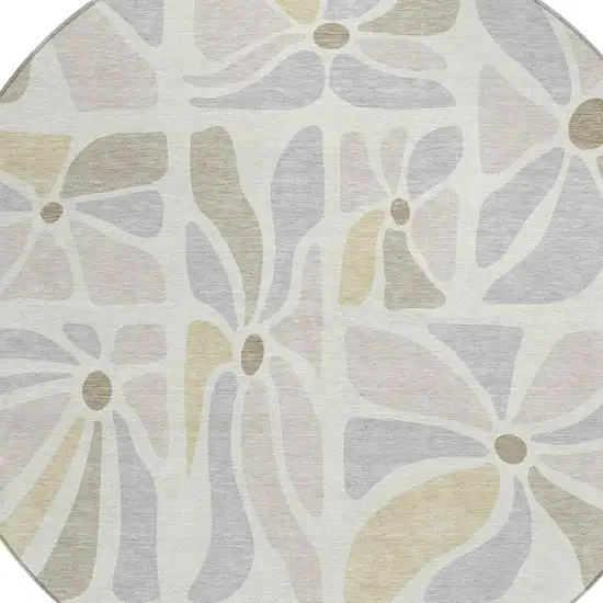 8' Ivory And Linen Round Floral Washable Indoor Outdoor Area Rug Photo 2
