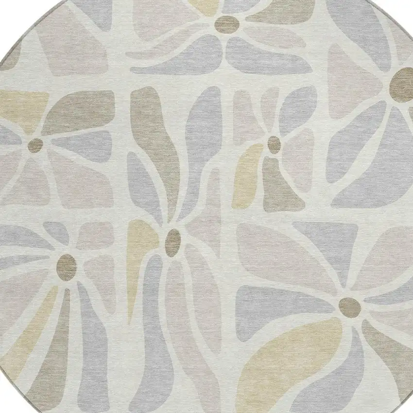8' Ivory And Linen Round Floral Washable Indoor Outdoor Area Rug Photo 2
