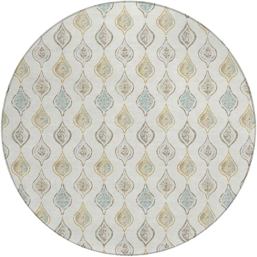 8' Ivory And Linen Round Floral Washable Indoor Outdoor Area Rug Photo 1