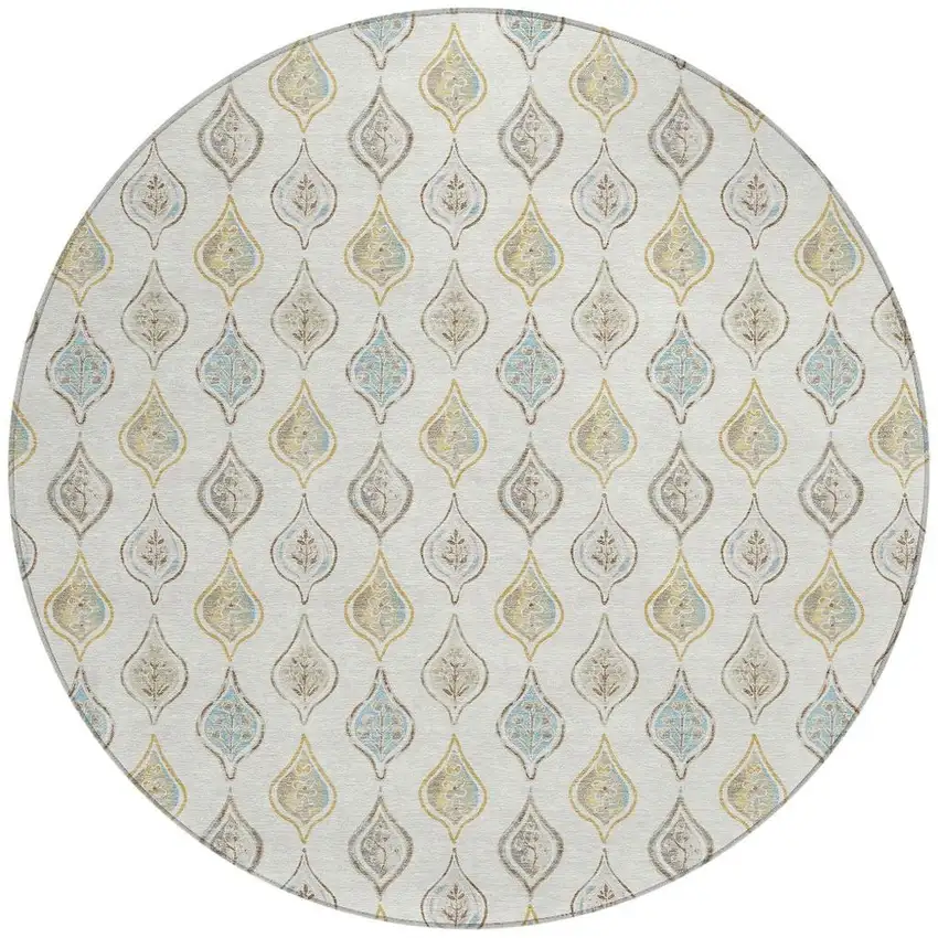 8' Ivory And Linen Round Floral Washable Indoor Outdoor Area Rug Photo 3