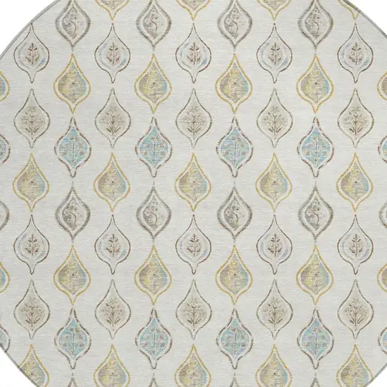 8' Ivory And Linen Round Floral Washable Indoor Outdoor Area Rug Photo 2