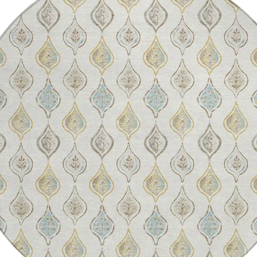 8' Ivory And Linen Round Floral Washable Indoor Outdoor Area Rug Photo 2