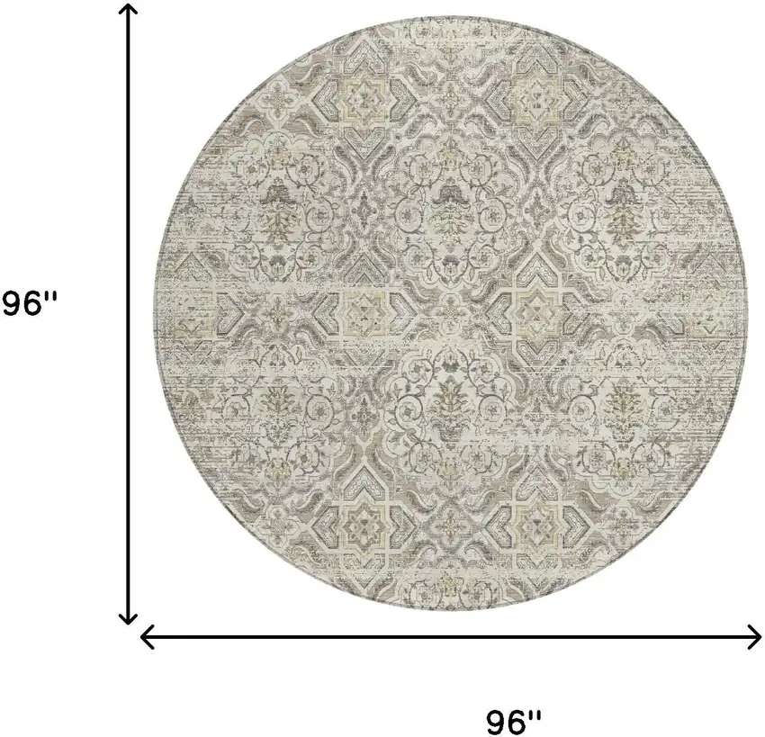 8' Ivory And Linen Round Floral Washable Indoor Outdoor Area Rug Photo 7