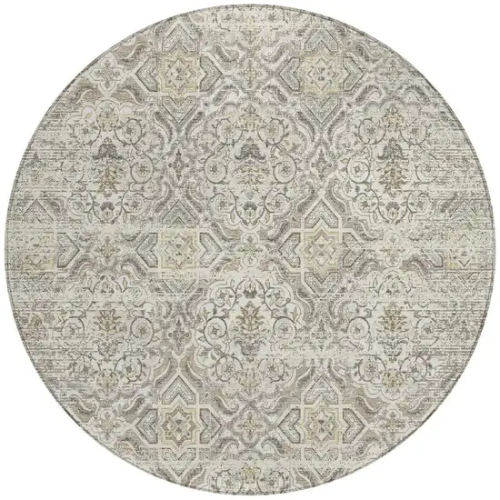 8' Ivory And Linen Round Floral Washable Indoor Outdoor Area Rug Photo 4