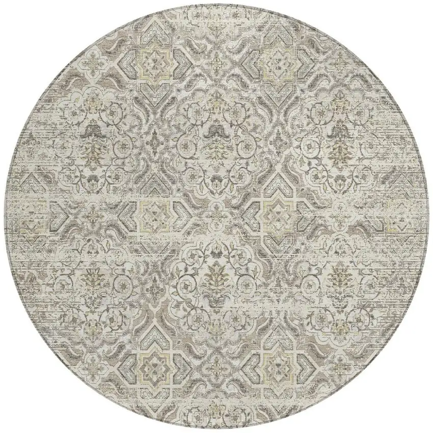8' Ivory And Linen Round Floral Washable Indoor Outdoor Area Rug Photo 4