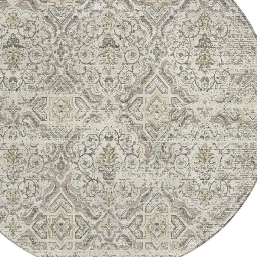 8' Ivory And Linen Round Floral Washable Indoor Outdoor Area Rug Photo 3