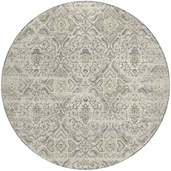 8' Ivory And Linen Round Floral Washable Indoor Outdoor Area Rug Photo 2