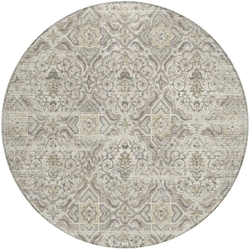 8' Ivory And Linen Round Floral Washable Indoor Outdoor Area Rug Photo 2