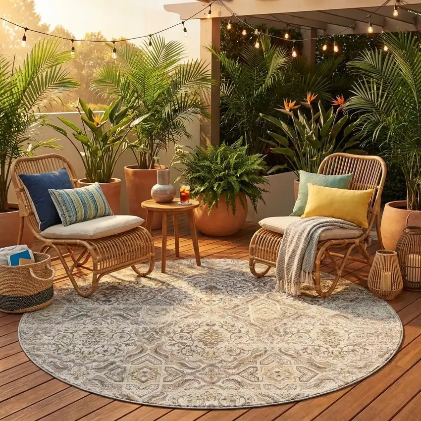 8' Ivory And Linen Round Floral Washable Indoor Outdoor Area Rug Photo 1