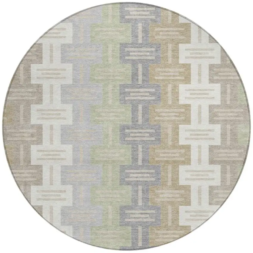 8' Ivory And Linen Round Geometric Washable Indoor Outdoor Area Rug Photo 4