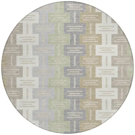 8' Ivory And Linen Round Geometric Washable Indoor Outdoor Area Rug Photo 4
