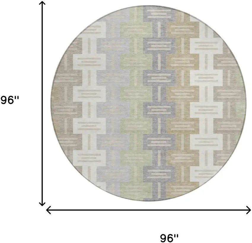 8' Ivory And Linen Round Geometric Washable Indoor Outdoor Area Rug Photo 7