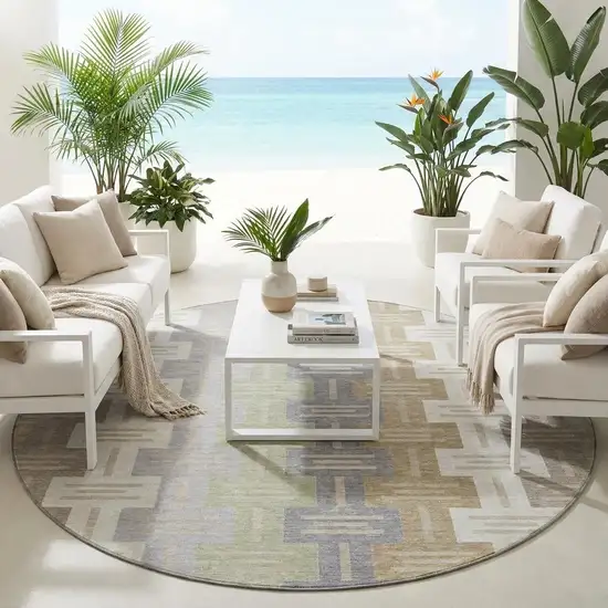 8' Ivory And Linen Round Geometric Washable Indoor Outdoor Area Rug Photo 1