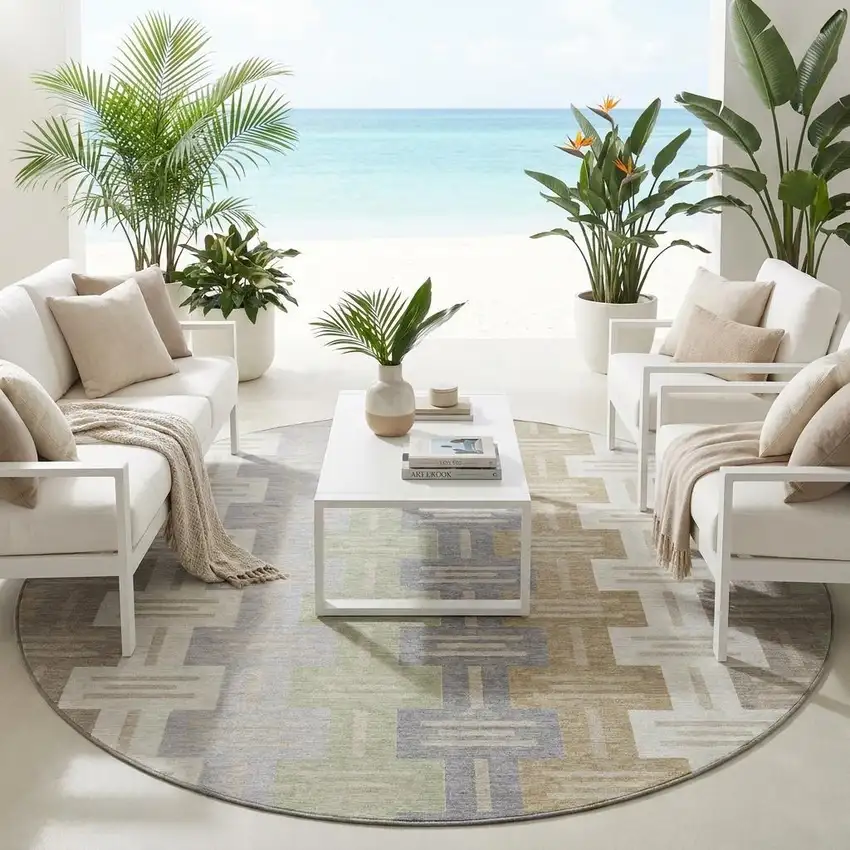 8' Ivory And Linen Round Geometric Washable Indoor Outdoor Area Rug Photo 1