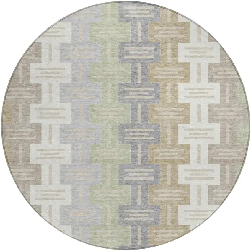 8' Ivory And Linen Round Geometric Washable Indoor Outdoor Area Rug Photo 2
