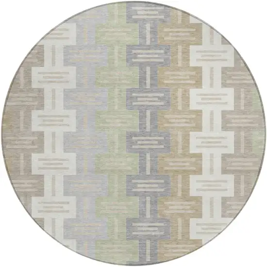 8' Ivory And Linen Round Geometric Washable Indoor Outdoor Area Rug Photo 2