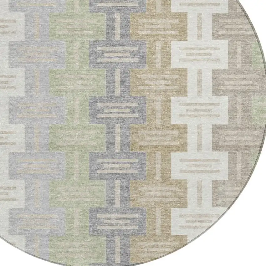 8' Ivory And Linen Round Geometric Washable Indoor Outdoor Area Rug Photo 3