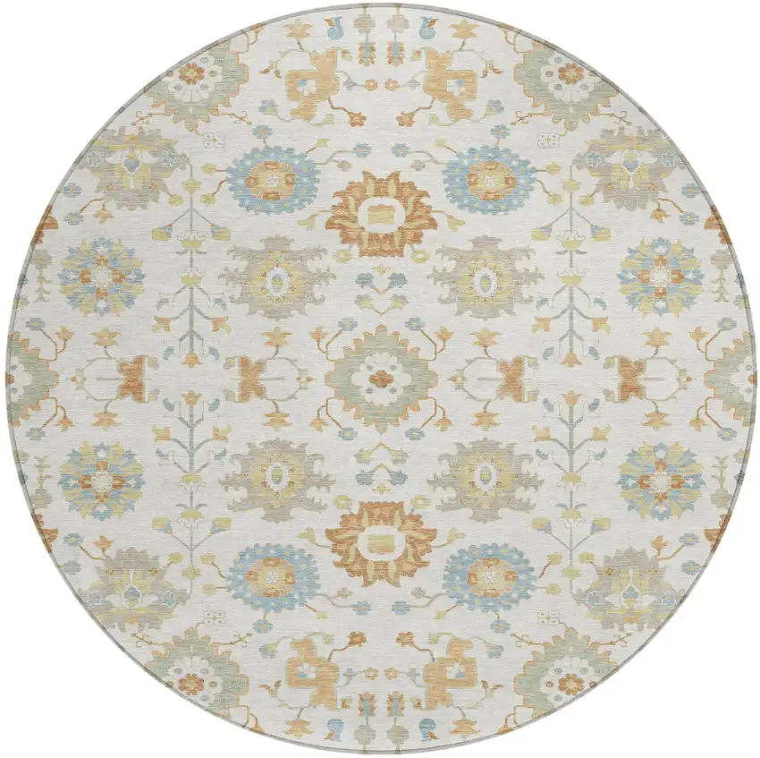 8' Ivory And Linen Round Geometric Washable Indoor Outdoor Area Rug Photo 1