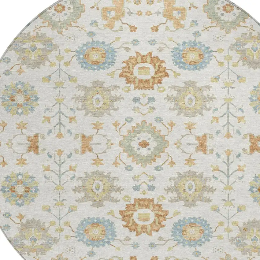 8' Ivory And Linen Round Geometric Washable Indoor Outdoor Area Rug Photo 2
