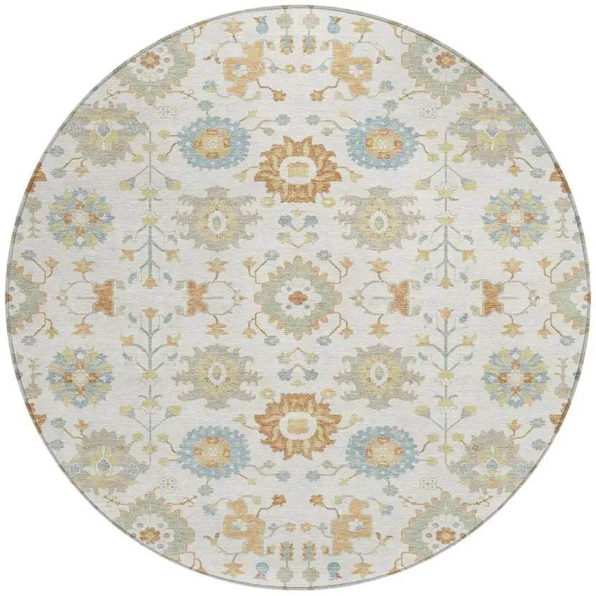 8' Ivory And Linen Round Geometric Washable Indoor Outdoor Area Rug Photo 3