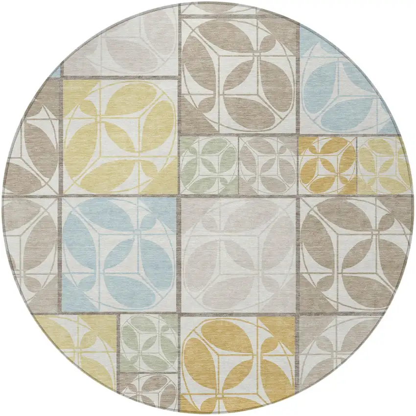 8' Ivory And Linen Round Geometric Washable Indoor Outdoor Area Rug Photo 3
