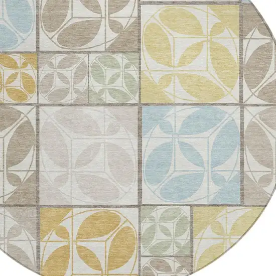 8' Ivory And Linen Round Geometric Washable Indoor Outdoor Area Rug Photo 2