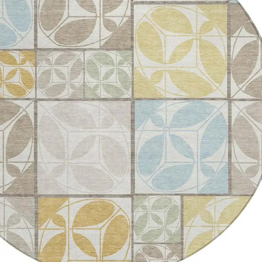8' Ivory And Linen Round Geometric Washable Indoor Outdoor Area Rug Photo 2