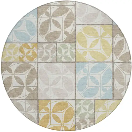 8' Ivory And Linen Round Geometric Washable Indoor Outdoor Area Rug Photo 1