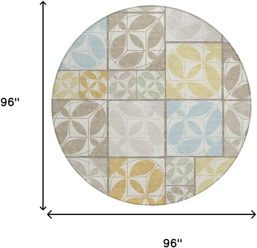 8' Ivory And Linen Round Geometric Washable Indoor Outdoor Area Rug Photo 6