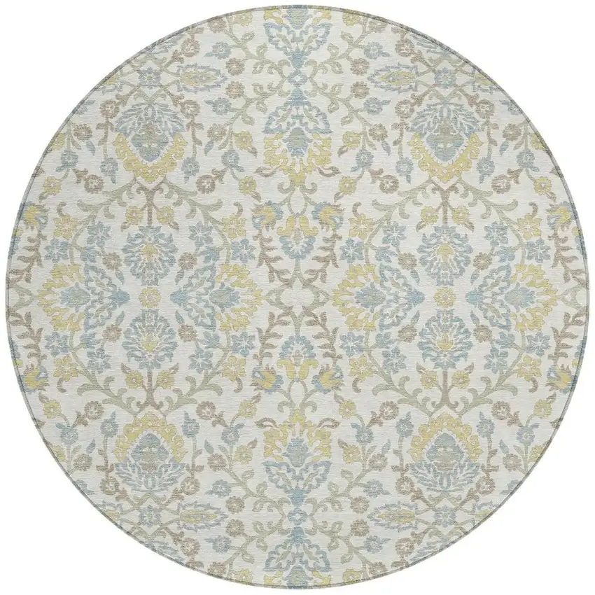 8' Ivory And Linen Round Geometric Washable Indoor Outdoor Area Rug Photo 3