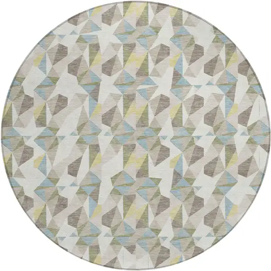8' Ivory And Linen Round Geometric Washable Indoor Outdoor Area Rug Photo 1