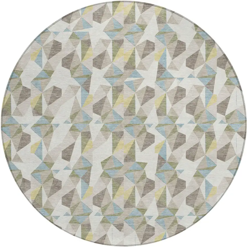 8' Ivory And Linen Round Geometric Washable Indoor Outdoor Area Rug Photo 1