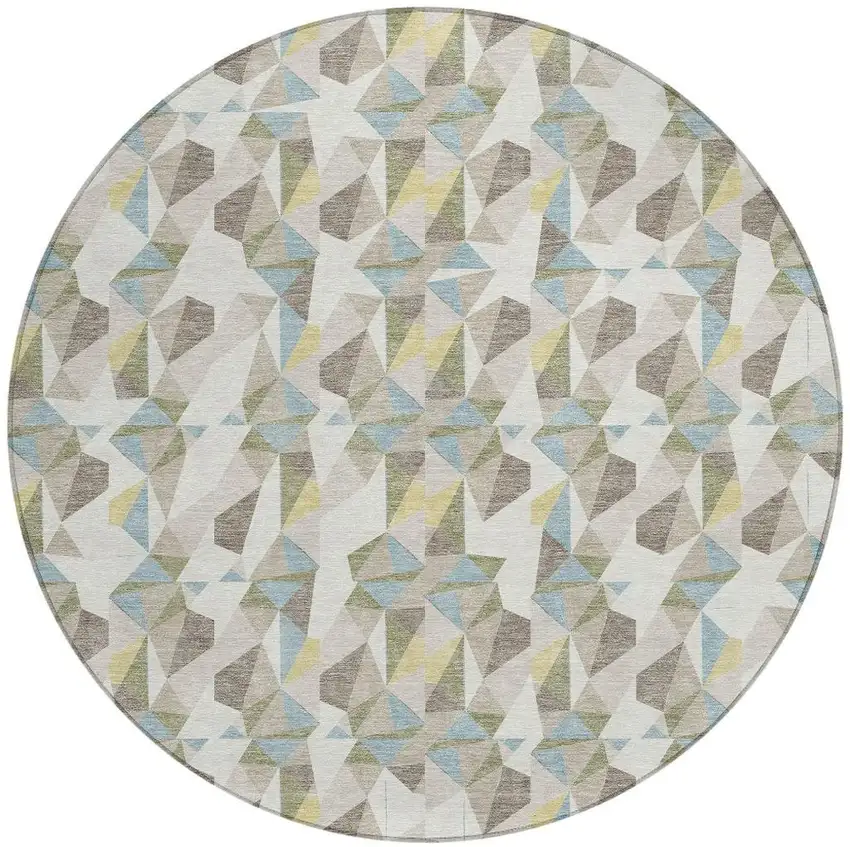 8' Ivory And Linen Round Geometric Washable Indoor Outdoor Area Rug Photo 3